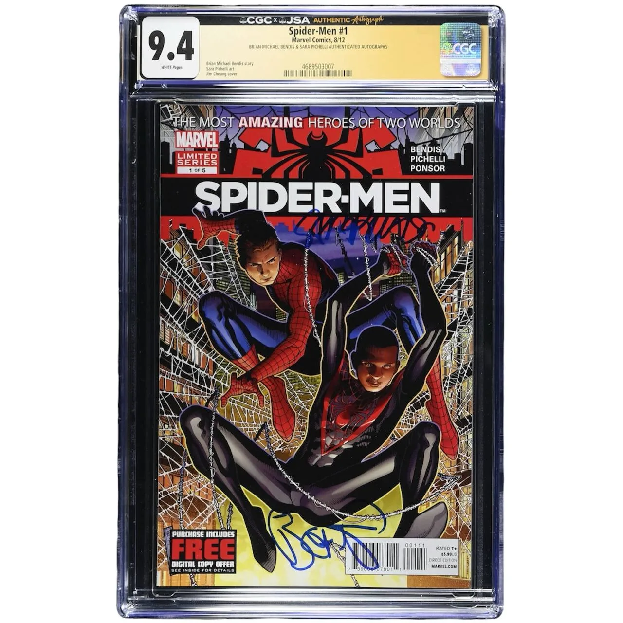 Spider-Men #1 CGC Yellow Label 9.4 Signed by Brian Michael Bendis - Sara Pichelli -First meeting of Peter Parker and Miles Morales- Marvel - image 1